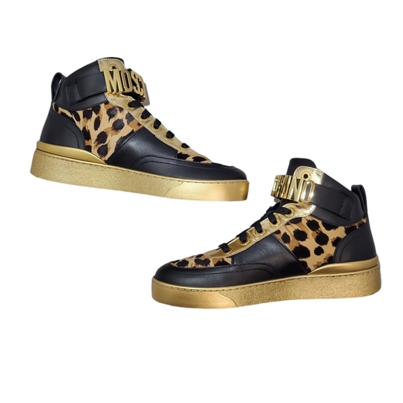 SOLD Moschino Genuine Calf Hair Detail Hi Top Basket Animal Print Sneakers - Picture 10 of 12